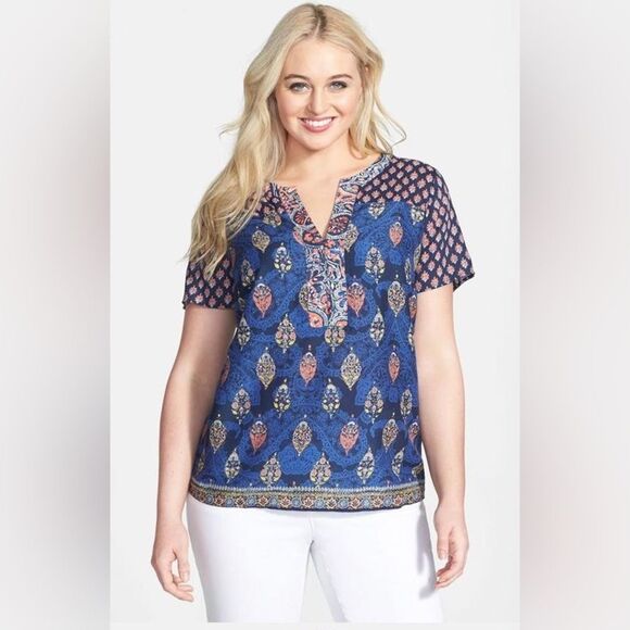 lucky Brand Blue and Pink Women's Tunic Kimono Coverup Top 1X Boho Beach Casual - Picture 1 of 11